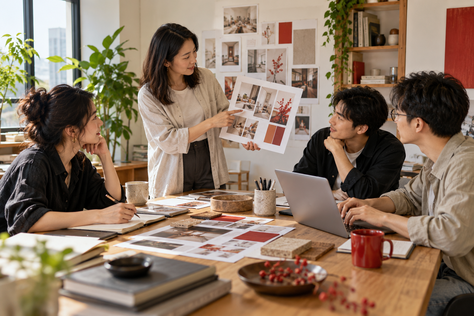 Illustrative scene of a Chinese creative team discussing campaign materials