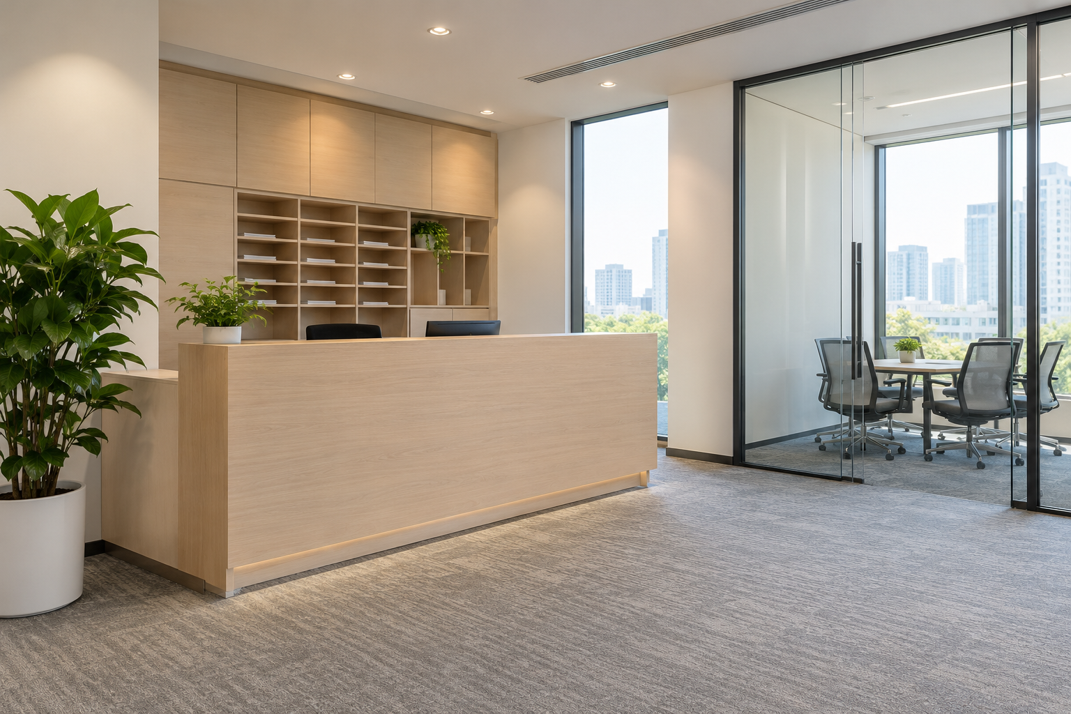 Illustrative business centre reception and meeting room; not the actual Shenzhen location